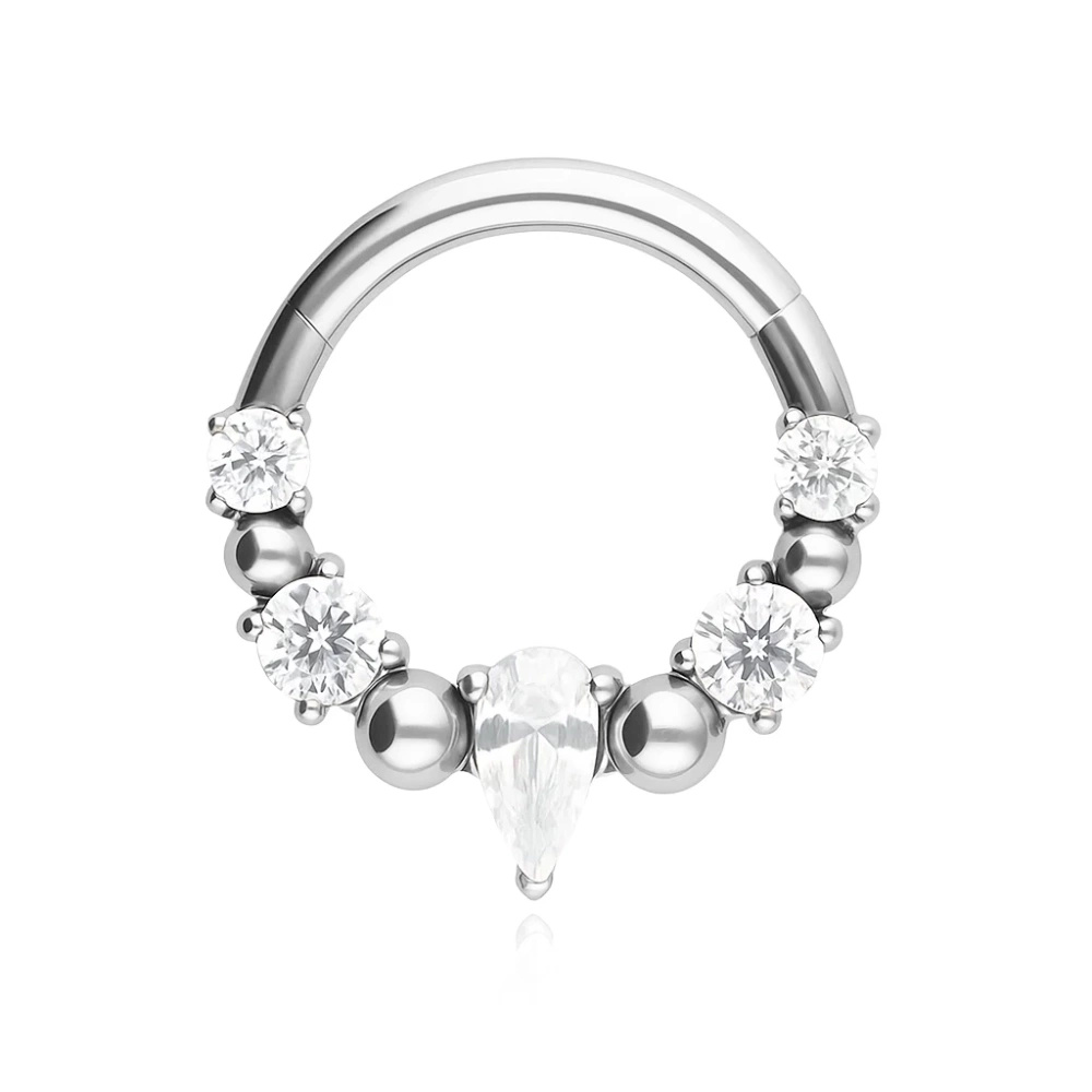 Titanium piercing ring clicker with zircons - silver - TK-088