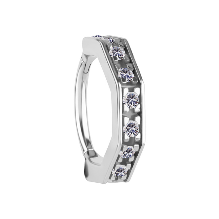 Piercing ring clicker decorative with white zircons - CoCr NF - silver - K-076