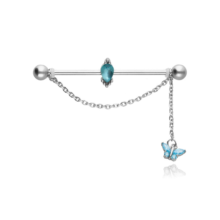 Industrial earring with butterfly and blue zircons - silver - IND-008