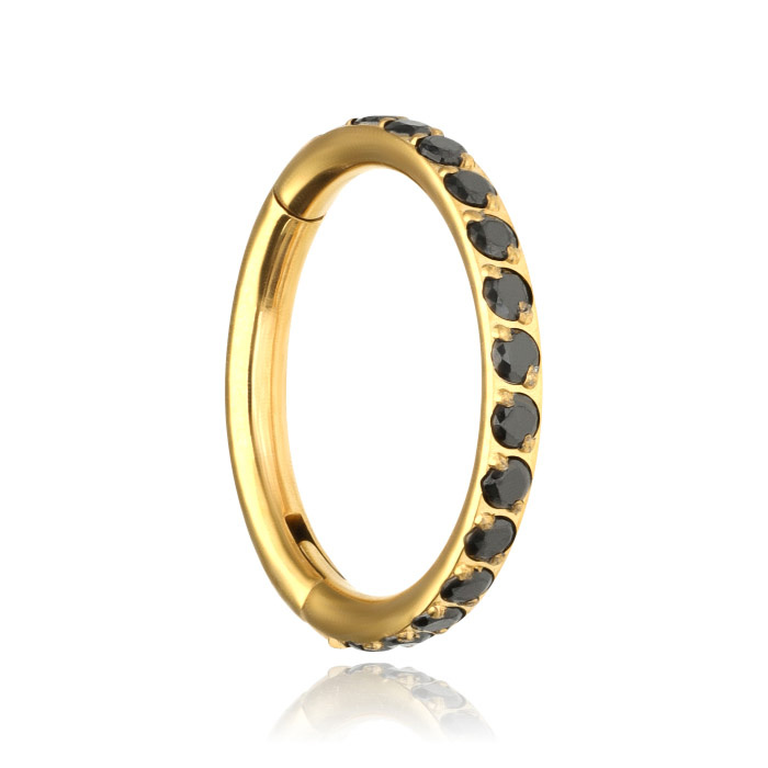 Titanium piercing ring clicker with black zircons - gold - TK-023