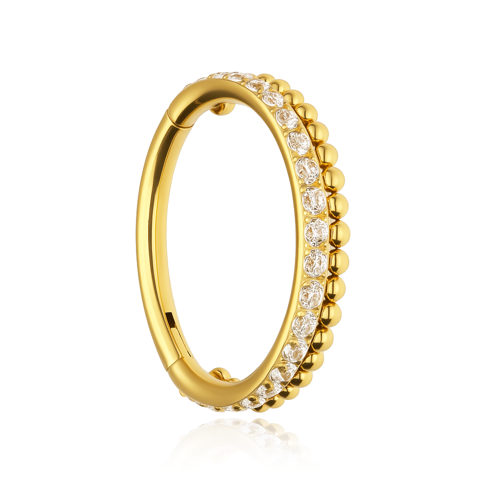 Titanium piercing ring clicker with white cubic zirconias and mini beads - gold - TK-041