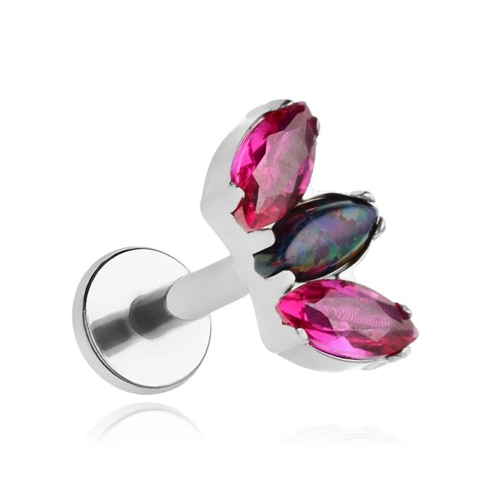 Titanium labret earring - dark pink cubic zirconia and dark opal - TGW-004