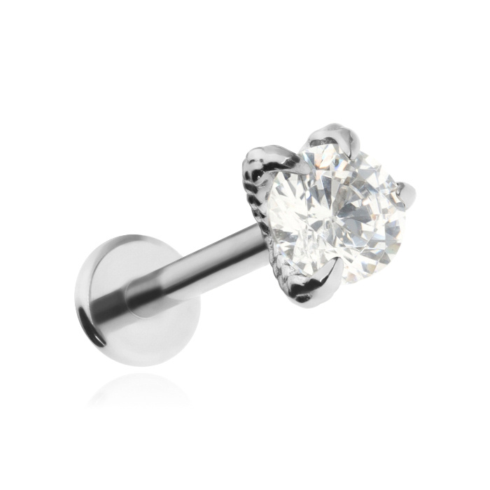 Titanium labret white cubic zirconia in the claws of a dragon - silver
