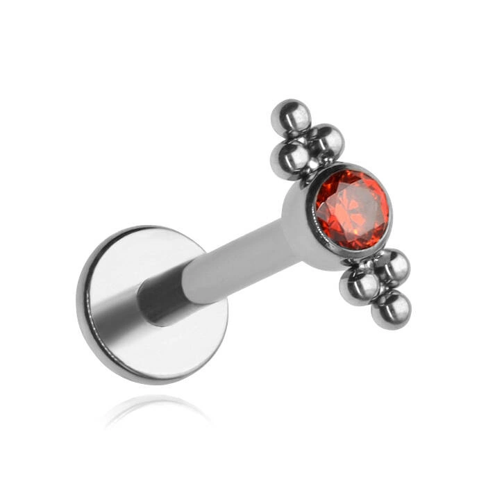 Titanium labret with red zirconia and balls - silver