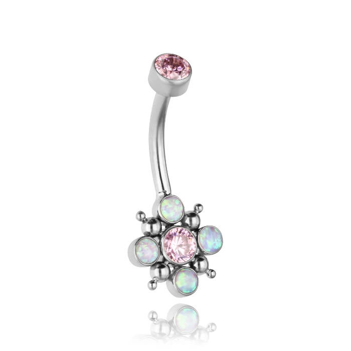 Titanium navel earring with pink PREMIUM zirconia and purple opal - TPP-027