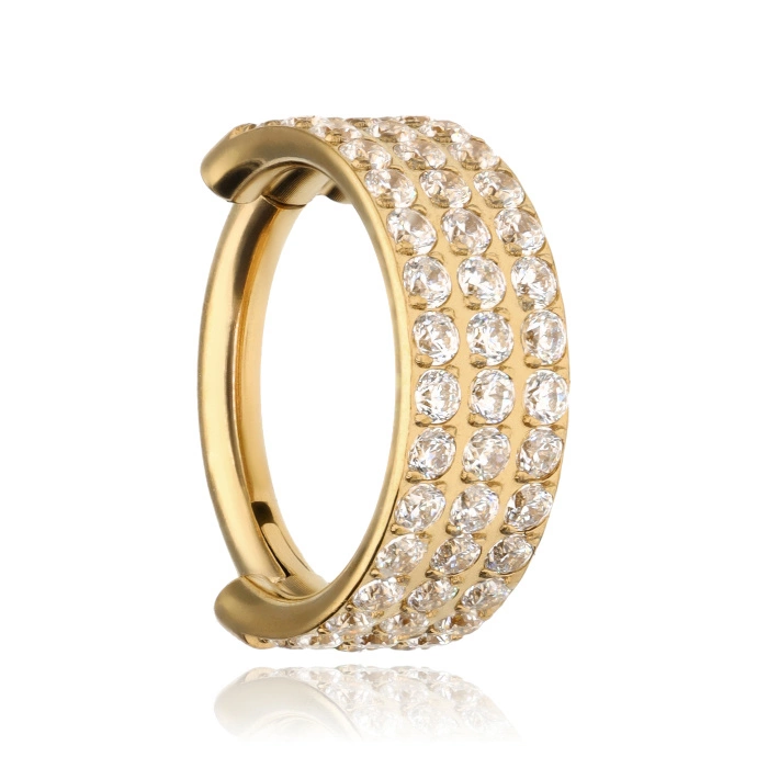 Titanium piercing ring clicker with three rows of zirconia - gold - TK-040