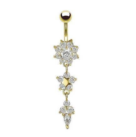 Long gold Belly button ring with white zircons - KP-054