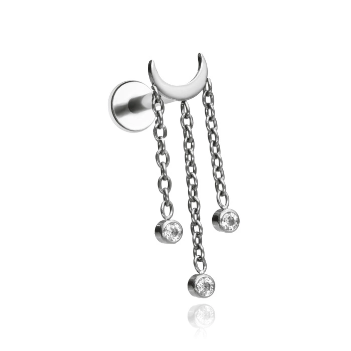 Titanium labret moon earring with zircons - silver - TGW-160