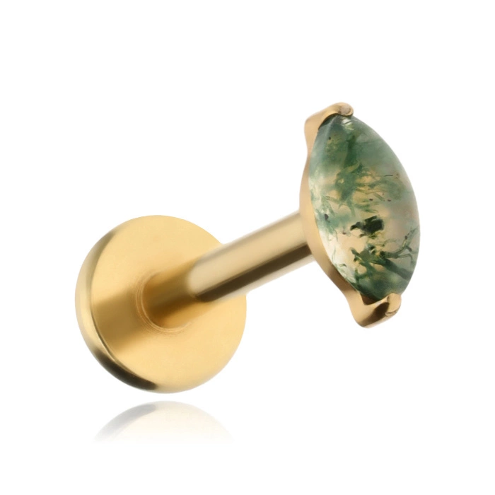 Titanium labret teardrop with mossy agate - gold