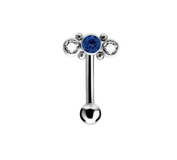 Titanium curved barbell - Premium Zirconia - silver and dark blue zirconia - TB-006