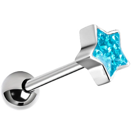 Tongue barbell silver star with blue crystals - KJ-007