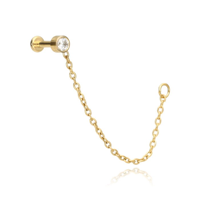 Titanium labret gold with white zirconia and chain - push in - TPI-007