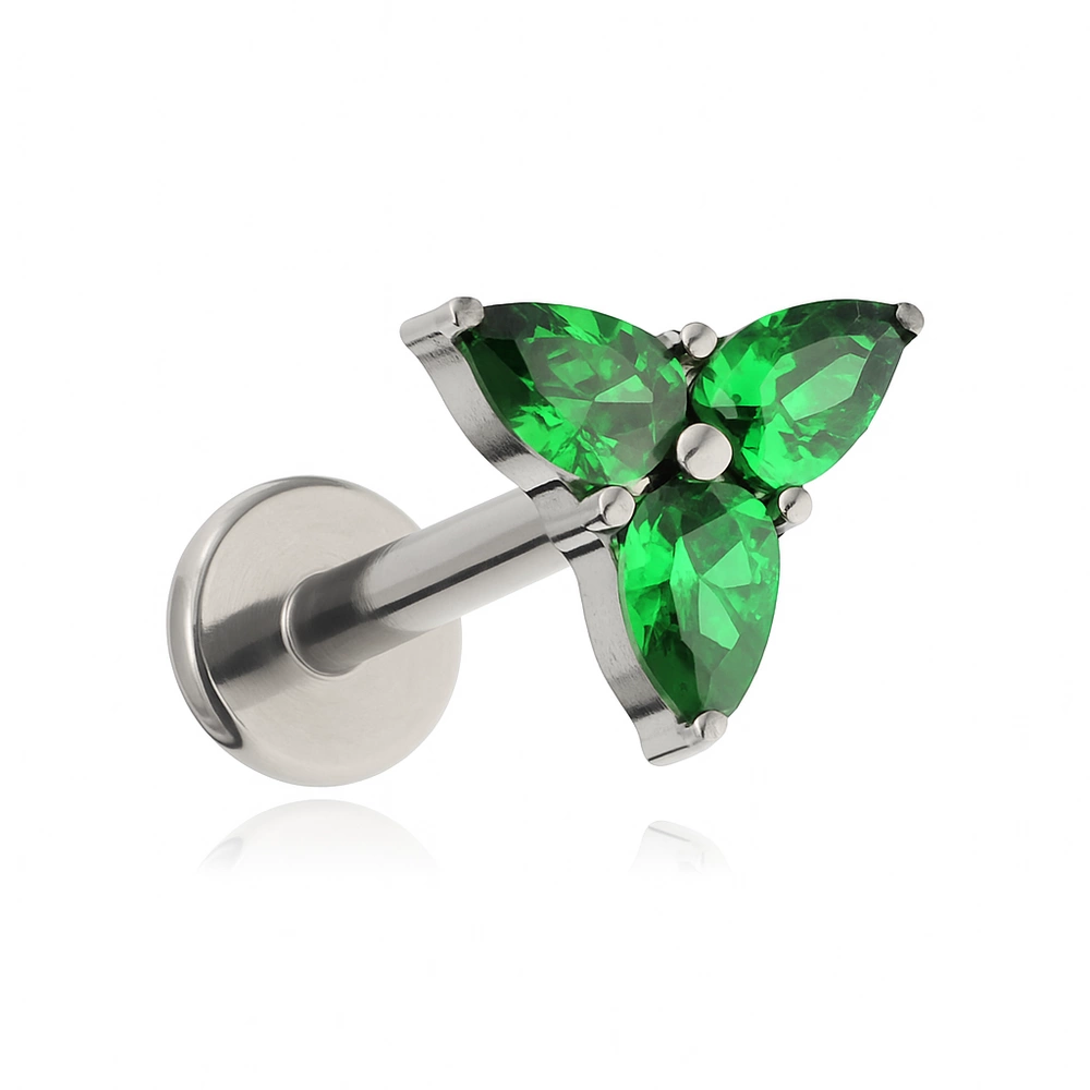 Titanium labret with green zircons - silver