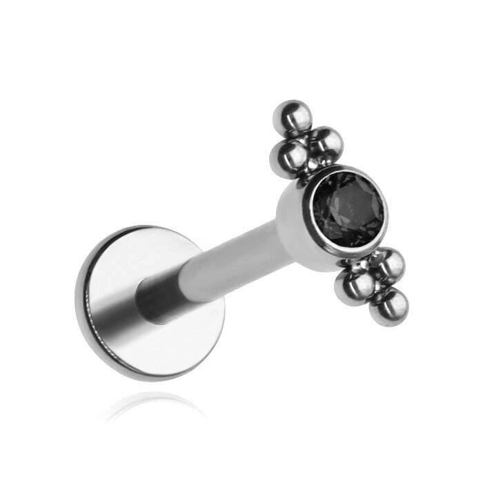 Titanium labret with black zirconia and balls - silver