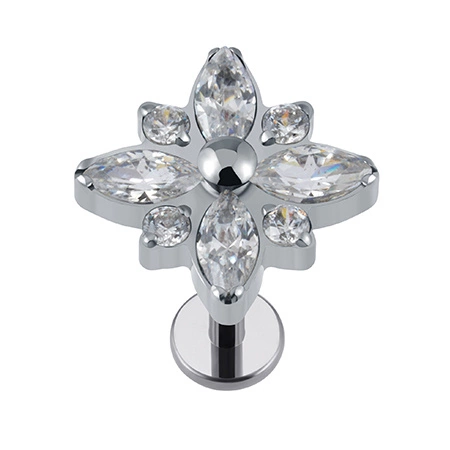 Titanium labret silver flower with white zircons - TGW-106