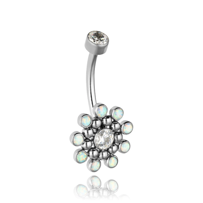 Titanium navel earring with white PREMIUM zirconia and light blue opal - TPP-007