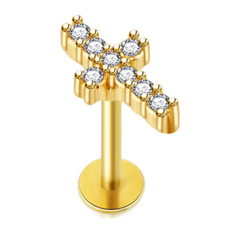 Labret earring - cross with white gold crystals - LGW-035