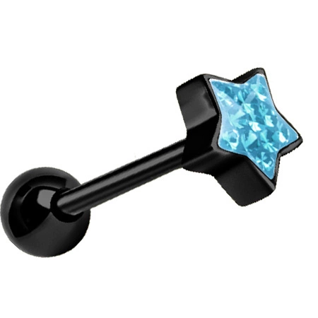 Tongue barbell black star with blue crystals - KJ-007