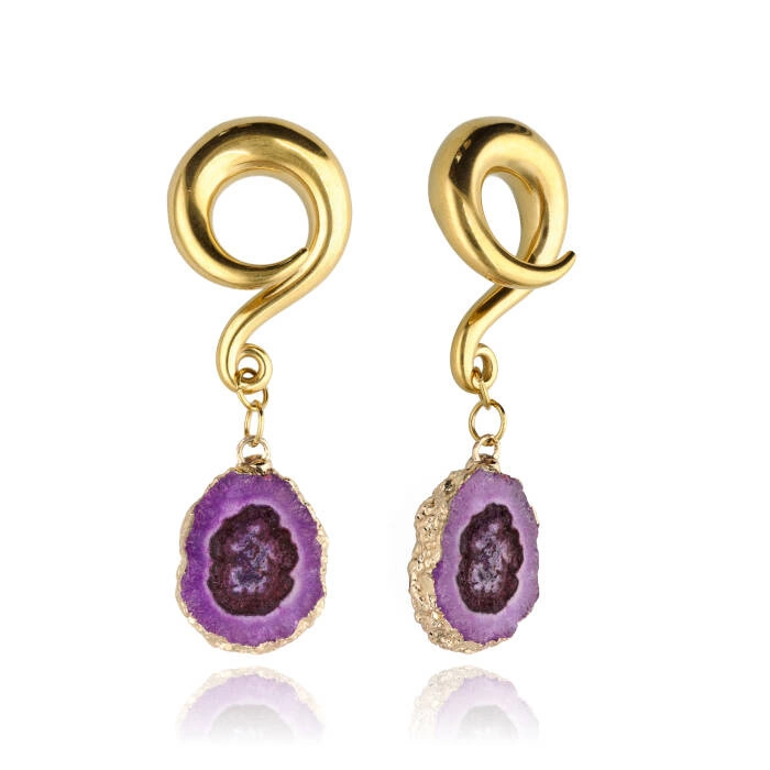 Ear weights with purple agate - gold - pair - PT-185