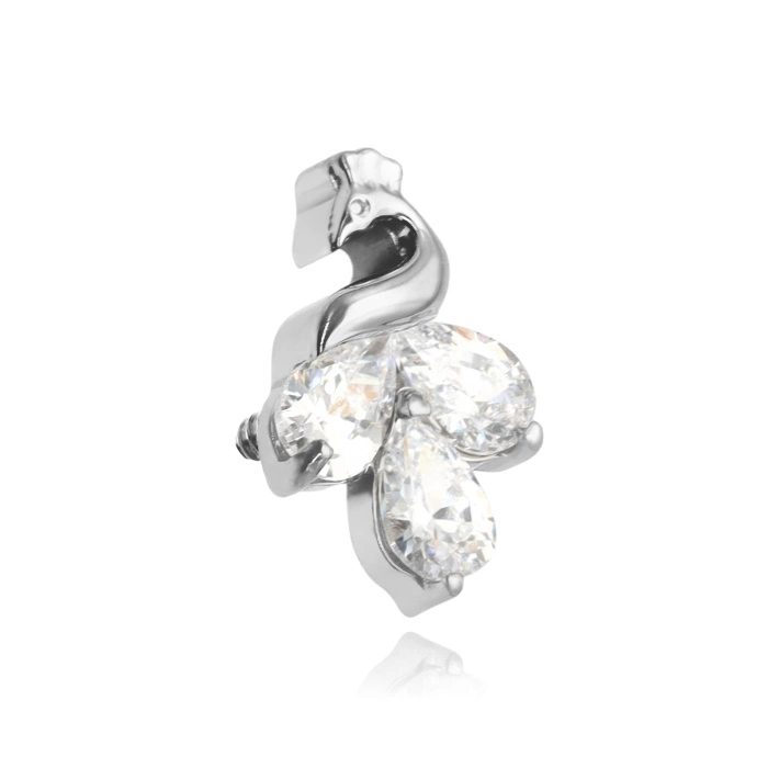 Titanium attachment peacock with white cubic zirconias - silver - TNA-131