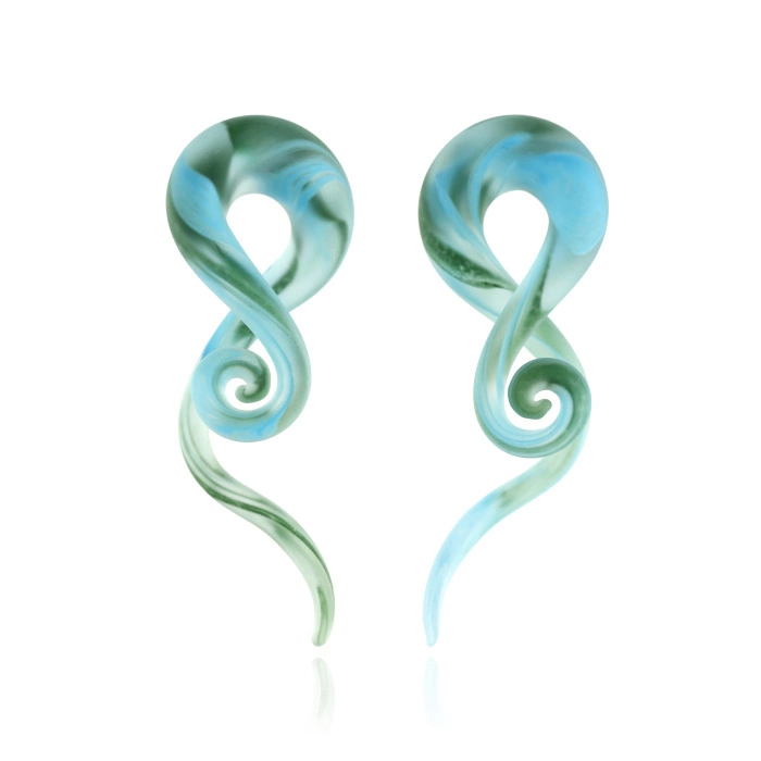 Glass Swan Spirals - frosted blue-green - pair - PT-168