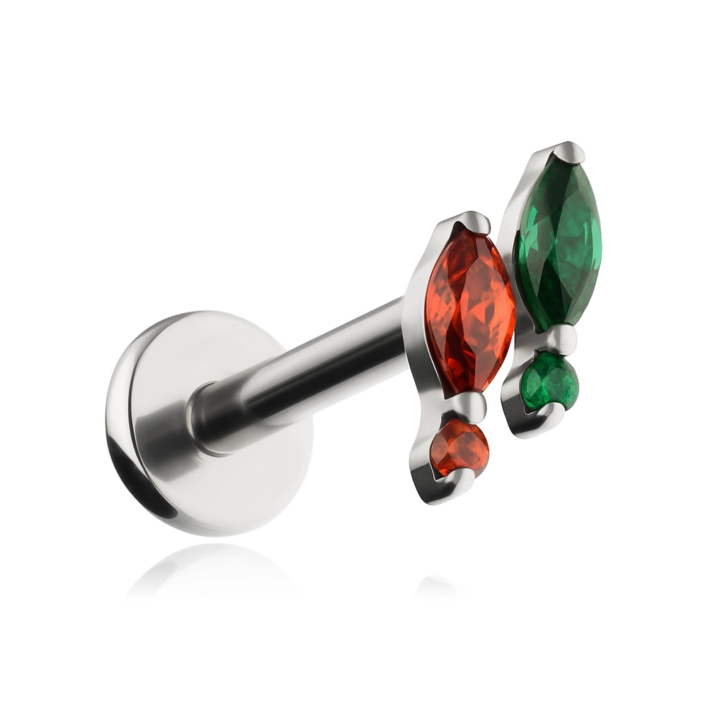 Titanium labret with white and green zirconia - silver