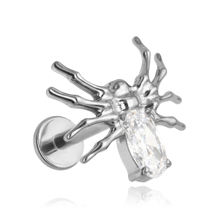 Titanium labret spider earring with white zirconia - silver - TGW-126