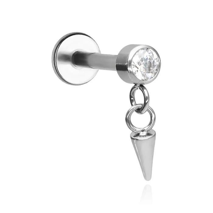 Titanium labret decorative with white zirconia - silver - TGW-171