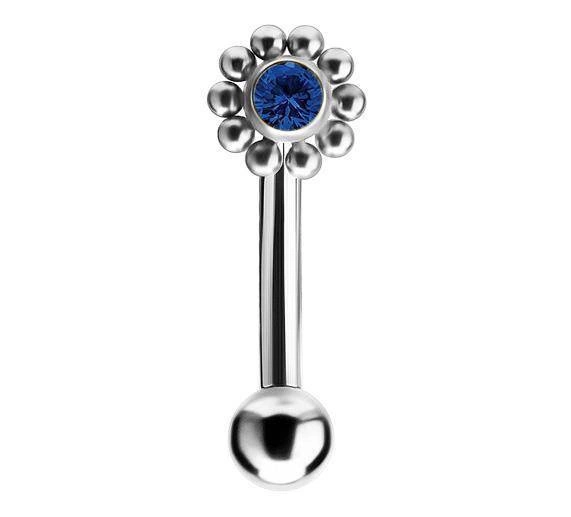 Titanium curved barbell - Premium Zirconia - silver and dark blue zirconia TB-007