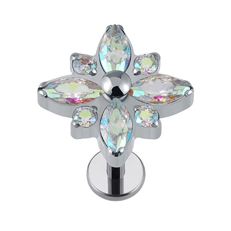 Titanium labret silver flower with iridescent zircons - TGW-106