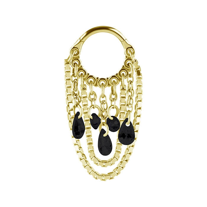 Piercing ring clicker with chains and black zircons - gold - K-034