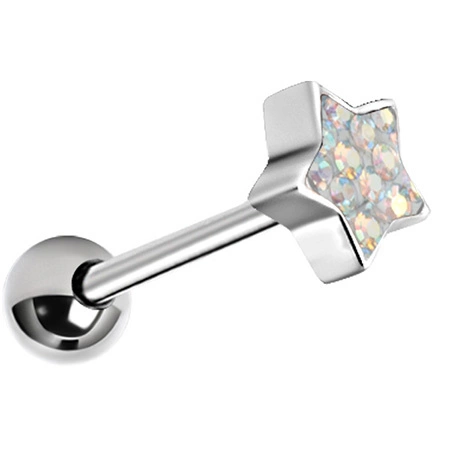 Tongue barbell silver star with iridescent crystals - KJ-007