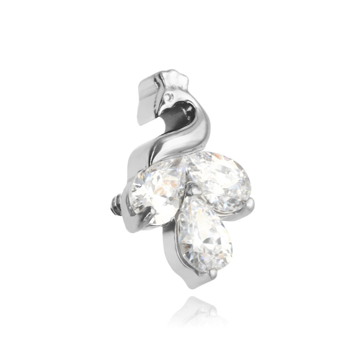 Titanium attachment peacock with white cubic zirconias - silver - TNA-131