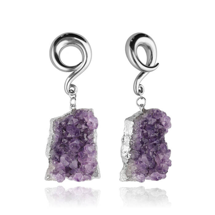 Ear weights with purple amethyst - pair - silver - PT-182