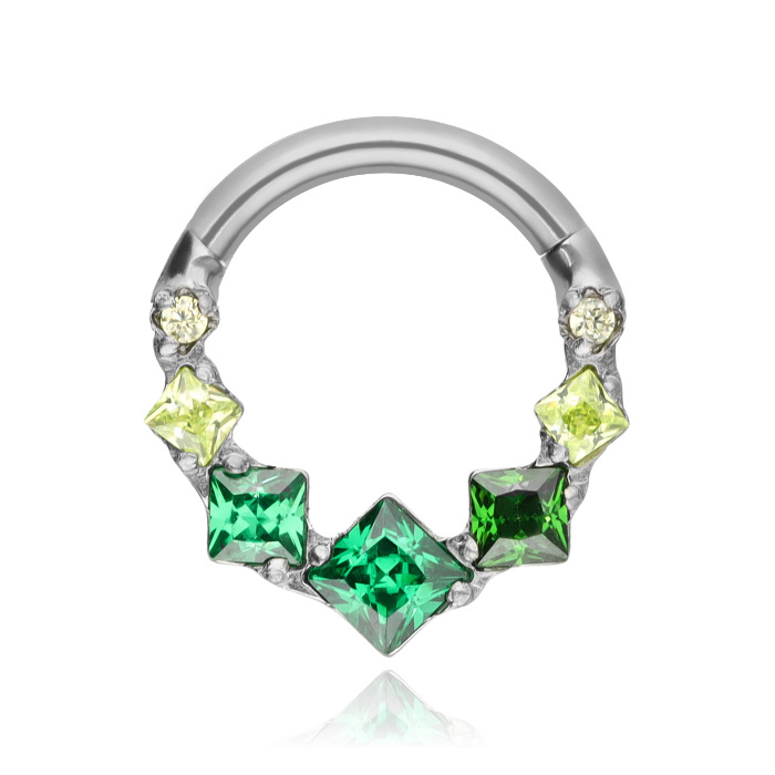 Titanium earring clicker with green zircons - silver - TK-099