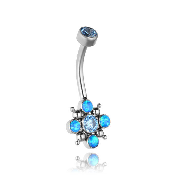 Titanium navel earring with blue PREMIUM and opal - TPP-027