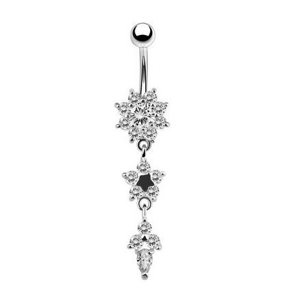 Long silver Belly button ring with white zircons - KP-054