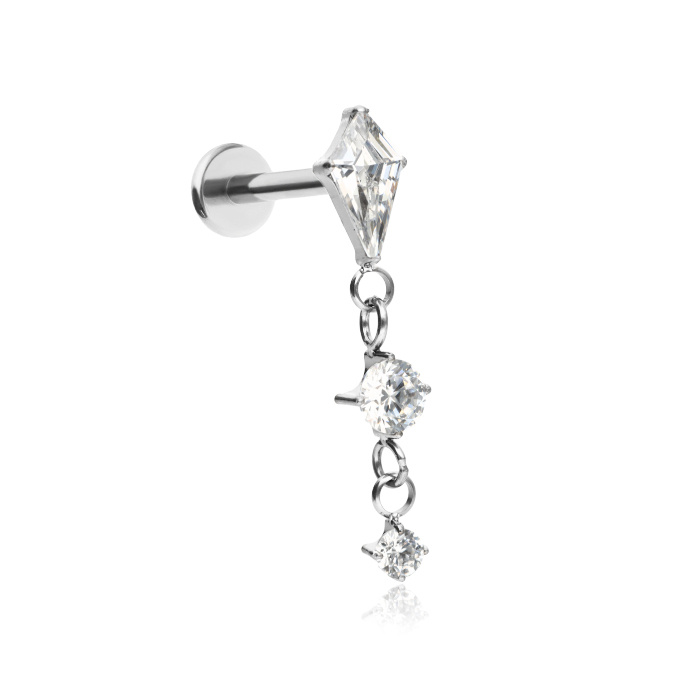 Titanium labret with white cubic zirconias and chains - silver
