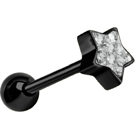 Tongue barbell black star with white crystals - KJ-007