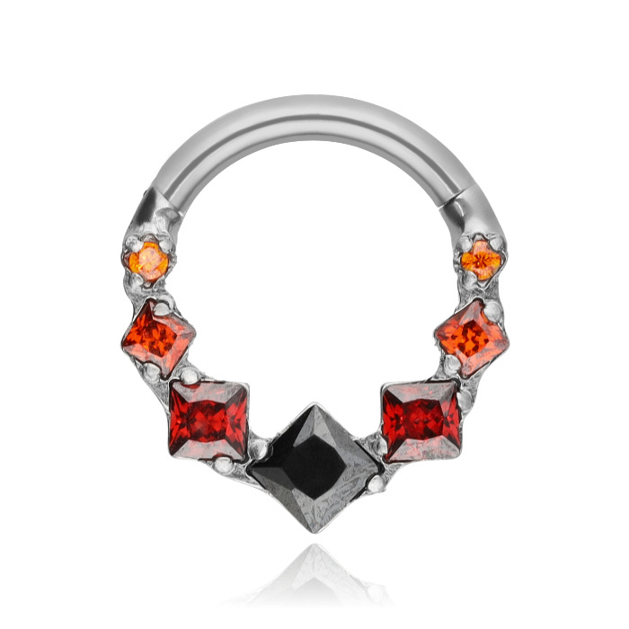 Titanium earring clicker with red zircons - silver - TK-099