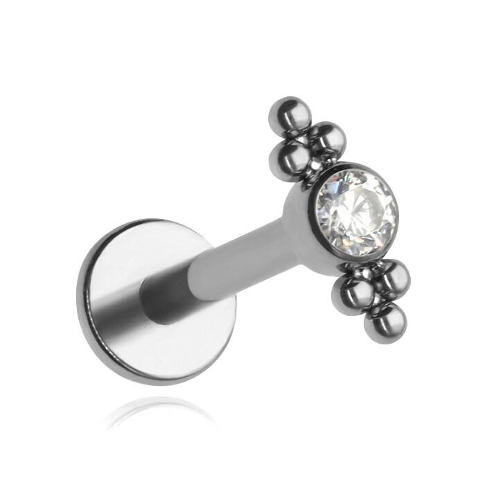 Titanium labret with white zirconia and balls - silver