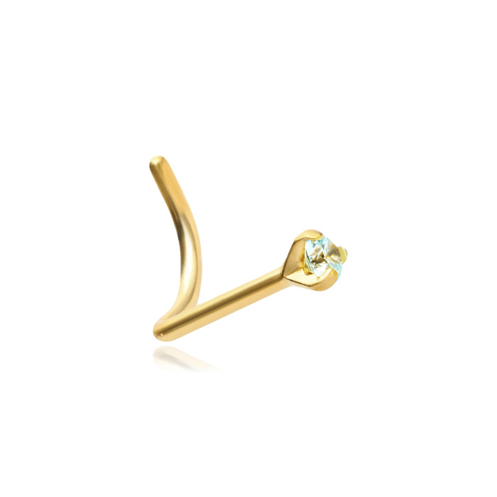 Titanium nose stud Premium Zirconia gold with light blue zirconia - TN-018