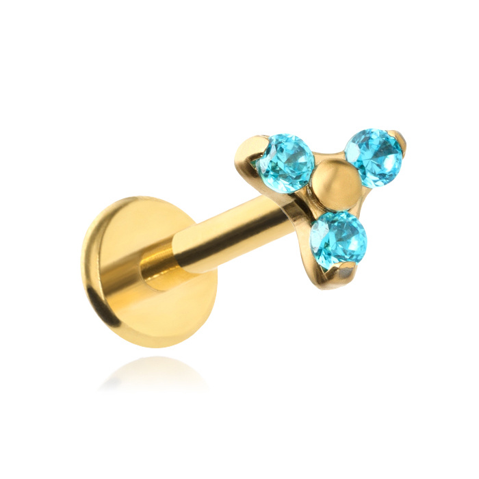 Titanium gold labret with three blue zirconias 