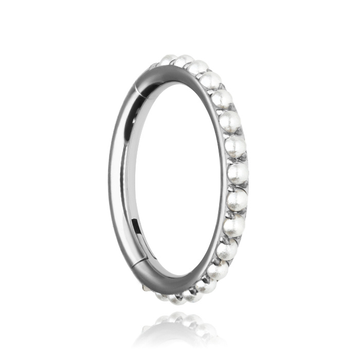 Titanium piercing ring clicker with white beads - silver - TK-024