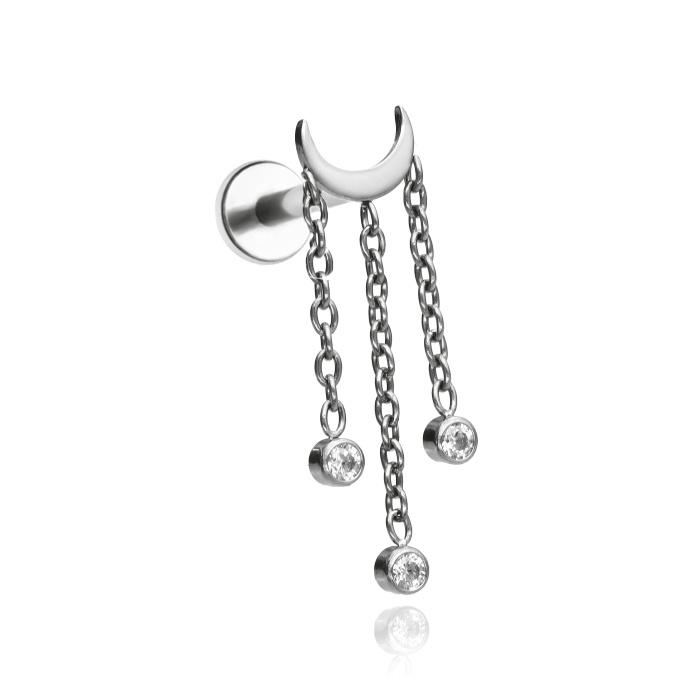 Titanium labret moon earring with zircons - silver - TGW-160