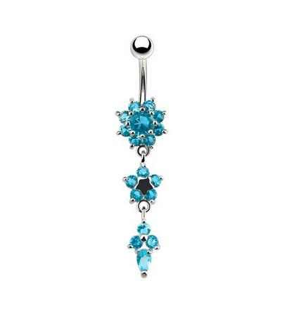 Long silver Belly button ring with blue zircons - KP-054