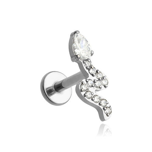 Titanium silver snake labret earring with white zircons - TGW-113