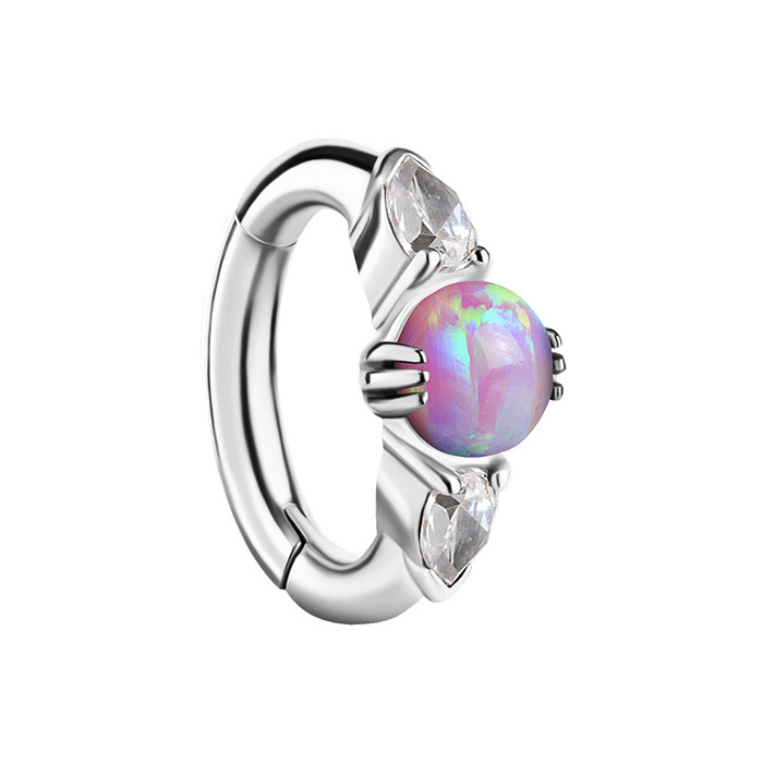 Belly button ring clicker with pink opal and white cubic zirconia - CoCr NF - silver - KP-008