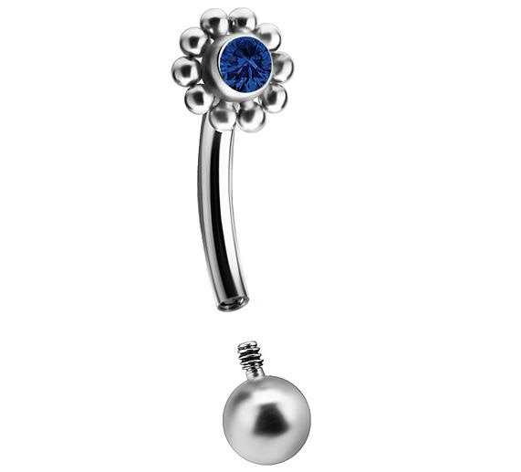 Titanium curved barbell - Premium Zirconia - silver and dark blue zirconia TB-007