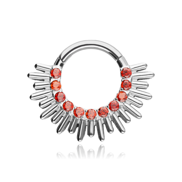 Titanium piercing clicker with red zircons - silver - TK-055